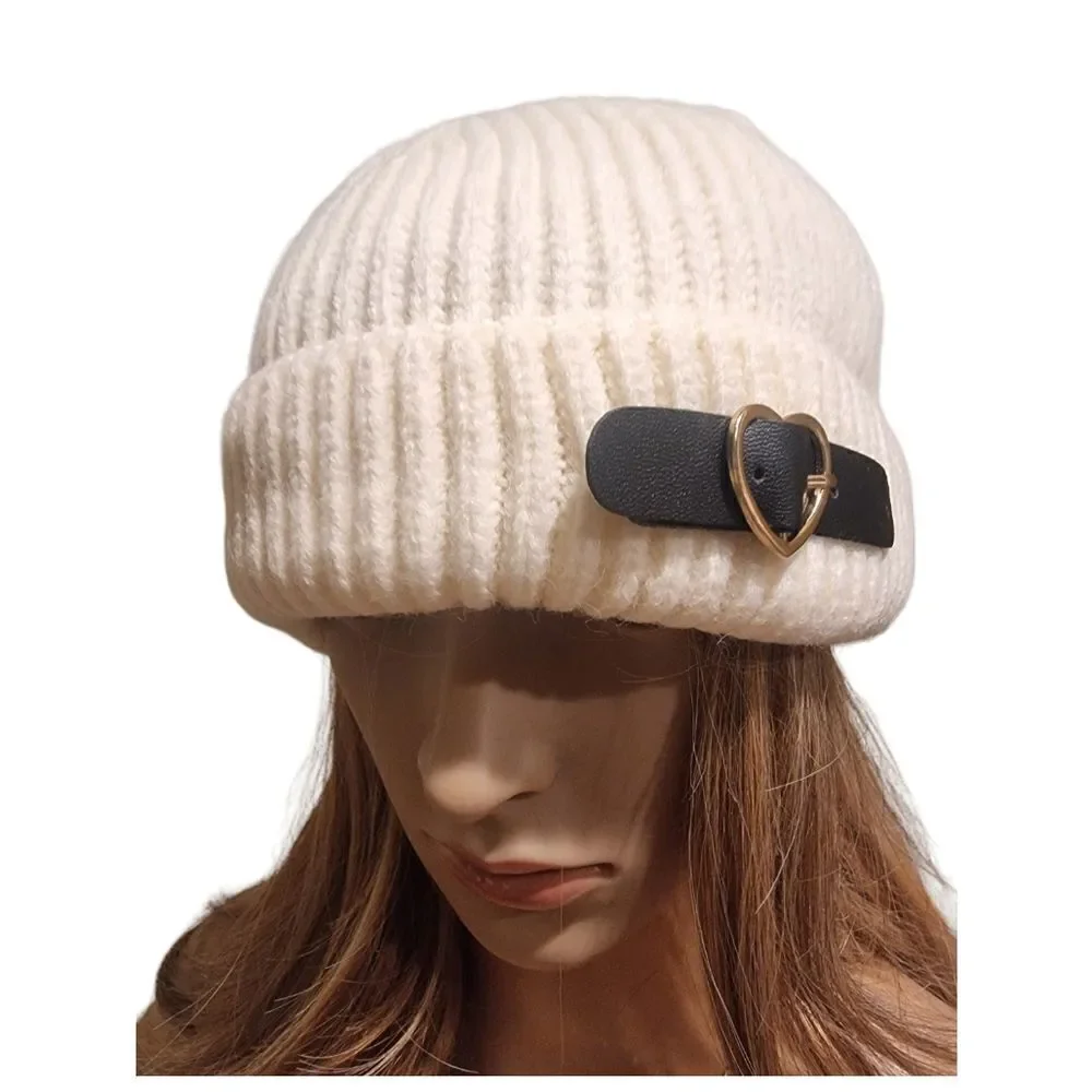 NWT Dolls Kill Cream Ribbed Buckle Beanie - Edgy Winter Skull Cap